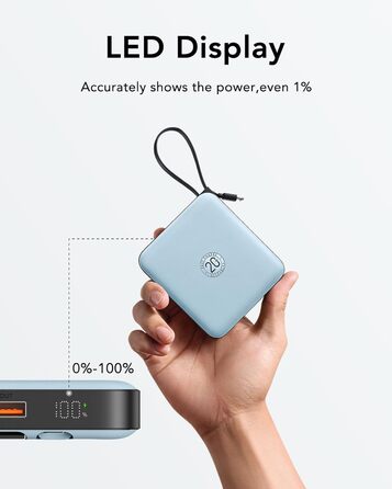 Power Bank VRURC 10000mAh з кабелем: компактний акумулятор USB-C, швидка зарядка 22.5W, LED-індикатор, сумісний з iPhone, Huawei