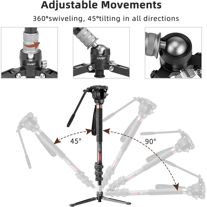 Штатив відео Cayer CF34DV з вуглецевого волокна 71 дюйм, з шарнірним голковим кріпленням та триногим основанням для DSLR-камер та відеокамер, з додатковою ковзною платформою