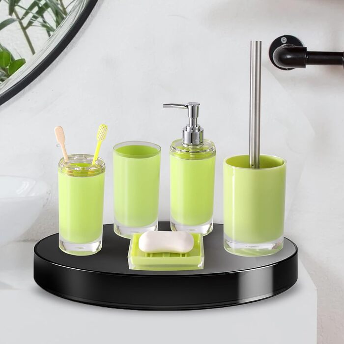 Acrylic Bathroom Accessories Set, Lotion/Soap Dispenser, Soap Dish, Toothbrush Holder, Tumbler, Toilet Brush and Holder, Modern Bathroom Decoration and Housewarming Gift Set, Orange, 5-Piece (Green-5)
