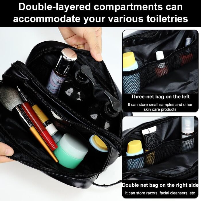Чоловіча косметичка-рюкзак, чорна, з водовідштовхувального PU-шкіри, двошарова, з мокрим/сухим відділенням