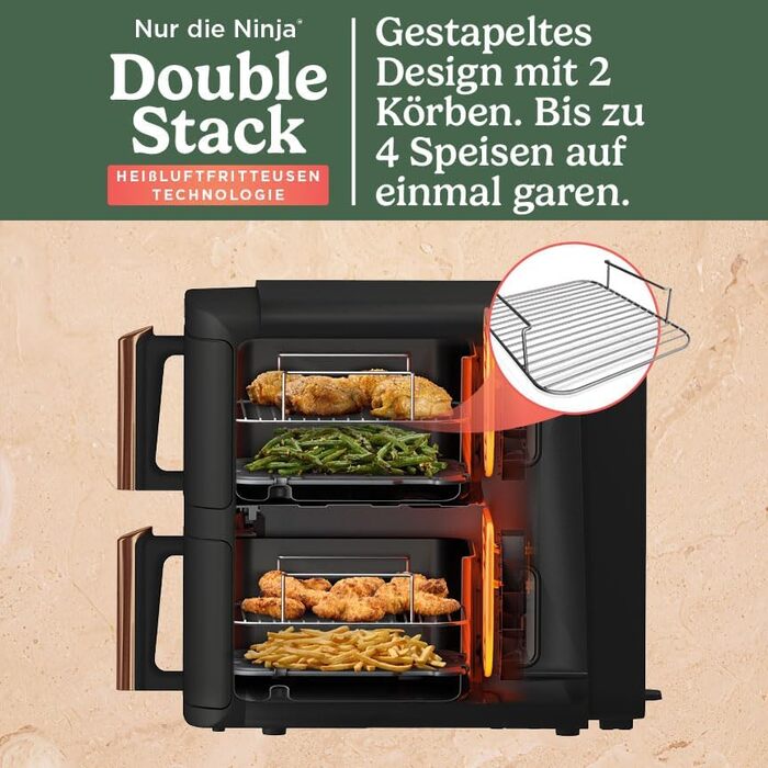 Ninja Double Stack XL Air Fryer, 2 vertical drawers, 4 cooking levels, 2 compartments, space-saving design, 9.5 L capacity, 6 functions, 8 portions, tongs, Black/Copper SL400EUCP Stacked 9.5L Copper/Black