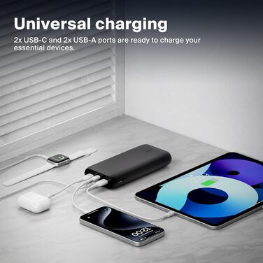Powerbank Belkin BoostCharge 26000mAh з 4 портами USB-C та USB-A, швидка зарядка Power Delivery, для iPhone, iPad, Galaxy, Pixel