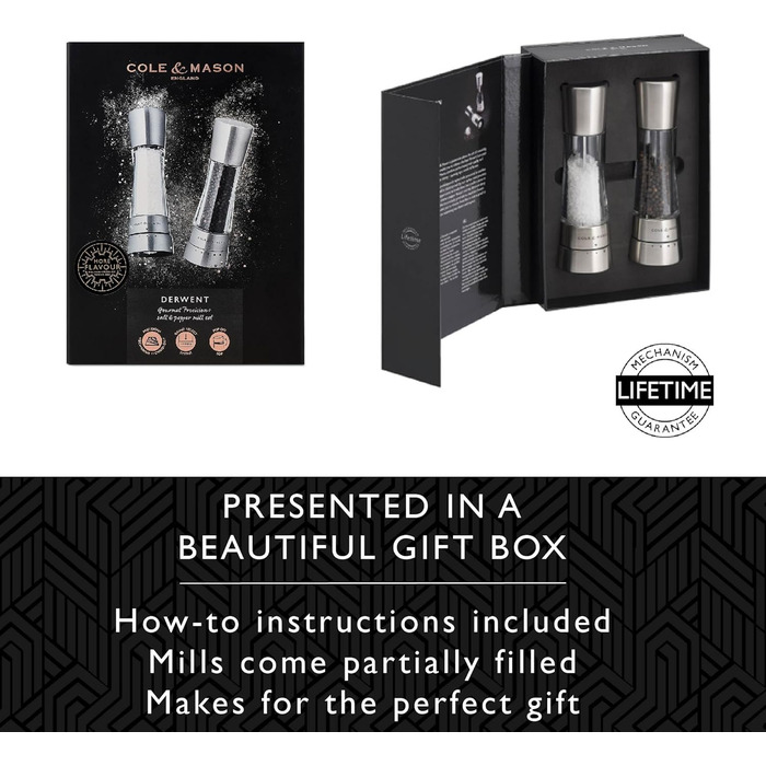 Cole & Mason Derwent Salt & Pepper Mill Set – 19cm, Adjustable Ceramic Grinder, Stainless Steel & Acrylic Design, Color: Stainless Steel, Precise Grinding, Durable