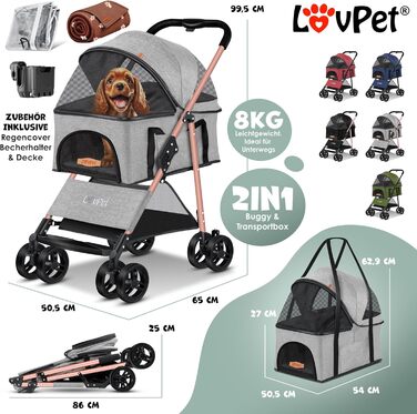 LOVPET® 2-in-1 Pet Stroller - Dog Buggy, Carrier & Jogger for Pets up to 20kg - Foldable, Grey