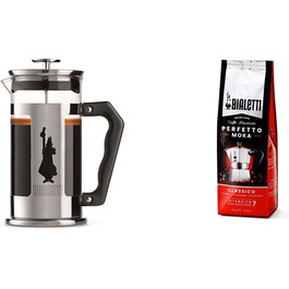 Bialetti Kaffeepresse Preziosa, French Press Filter for coffee or tea, stainless steel housing and borosilicate glass container, dishwasher safe, 1 liter, 8 cups, silver (350 ml (3 cups), bundle with ground coffee)