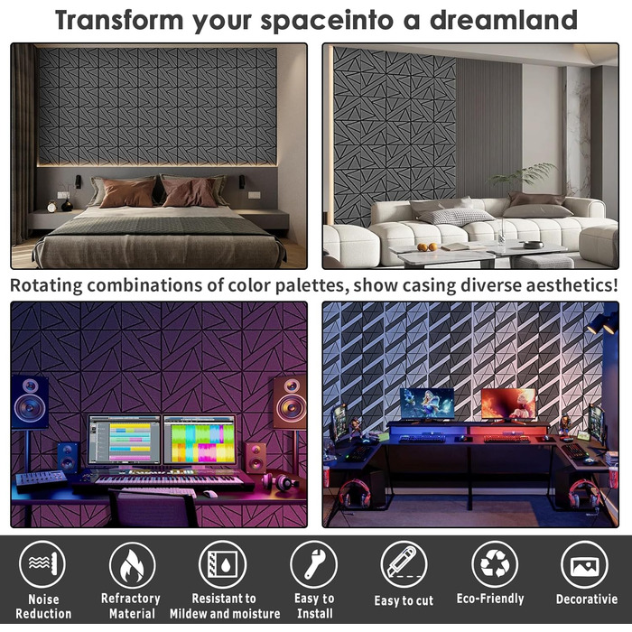 Акустичні панелі BSHEAD самоклеючі для звукоізоляції стін, шумопоглинаючий пінополіуретан 30x30x1.2 см, чорний