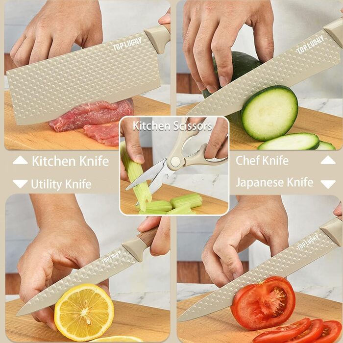 Набір кухонних ножів, 6 предметів: гострі ножі з нержавіючої сталі з антипригарним покриттям, набір для кухні з підставкою (Хакі)