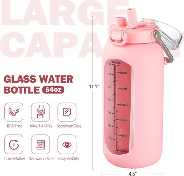 BLUEGO 2000ml Glass Water Bottle with Stainless Steel Handle and Time Marker 2L Motivation Glass Dryer with Silicone Sleeve and Straw for Gym, Office, Outdoors, Sports Water Bottles BPA-free, (Pink)