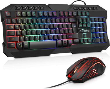 BAKTH Комплект клавіатури та миші для геймінгу, підсвічування LED, QWERTZ DE, водонепроникність, 3600 DPI для професійних геймерів