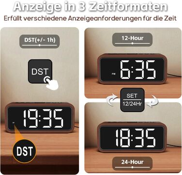 Loud Alarm Clock for Deep Sleepers, Wood Alarm Clock with LED Display, 12 Alarm Ringtone Options, 5 Adjustable Brightness Levels, 5 Volume Levels, Manual DST, Brown Retro Alarm Clock for Bedroom