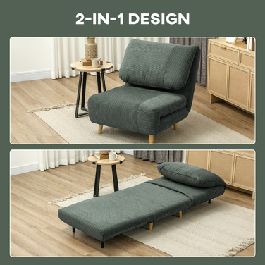 HOMCOM 2-in-1 Sleeper Sofa, Convertible Futon, Adjustable Folding Mattress Guest Bed with Corduroy Look, for Bedroom, Living Room, Green 82 x 89 x 83 cm | Aosom