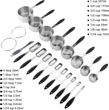 Stainless Steel Measuring Cup and Spoon Sets, Measuring Cups, Spoons, and Measuring Ruler for Dry and Liquid Ingredients, 19-Piece Set