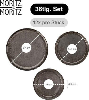 Набір посуду Moritz & Moritz VIDA на 12 осіб, 36 предметів, антрацит - сучасний порцеляновий сервіз, стійкий до подряпин, для мікрохвильової печі та посудомийної машини