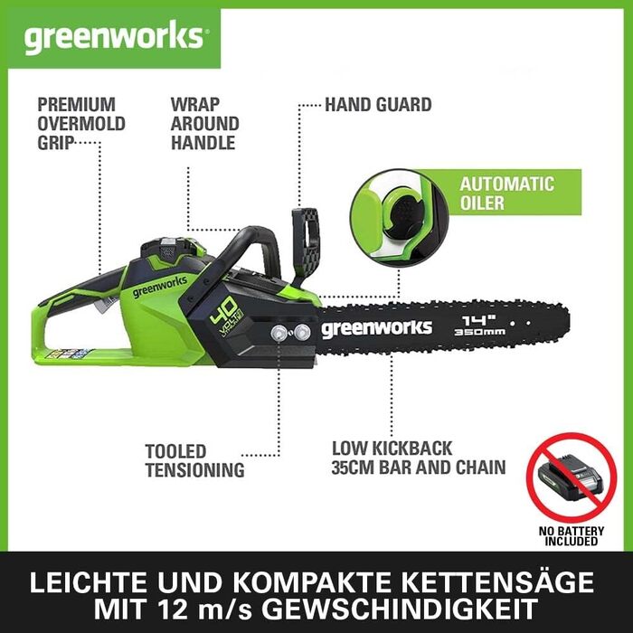 Акумуляторна ланцюгова пила Greenworks G40CS30II, шина 30 см (12