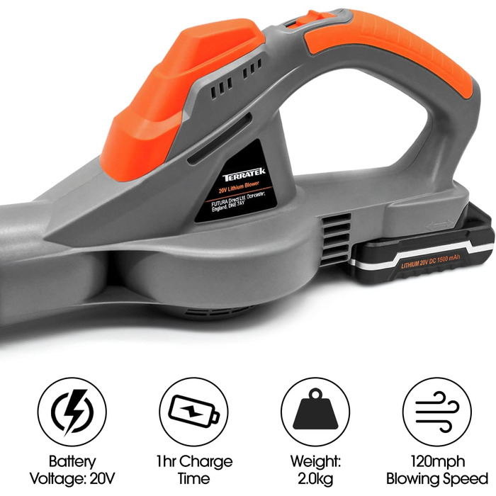 Terratek Leaf Blower, cordless, 20 V, 1 hour, fast charging, handheld leaf blower, powerful, lightweight, cordless leaf blower, garden blower with 1 x battery and charger included