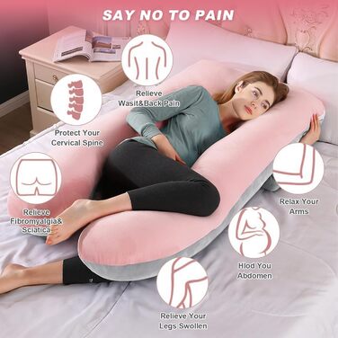 Подушка для вагітних Aevcvok U-подібної форми, подушка для годування, підтримуюча подушка, 140x70 см (Рожевий & Сірий, велюр)