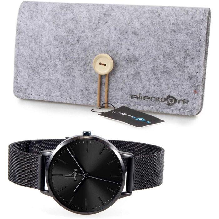 Годинник жіночий Alienwork IK Minimalist, ультратонкий, сітка, чорний ремінець / чорний корпус / чорний сітчастий ремінець