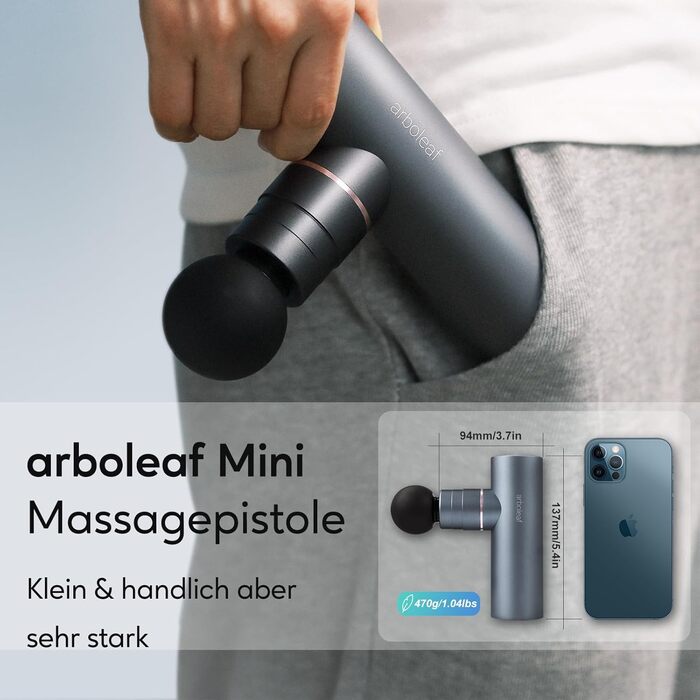 Масажер для м'язів Arboleaf Mini: тиха модель з AI, 4 насадки, USB-C, 3200 обертів, 0.47 кг, сірий колір