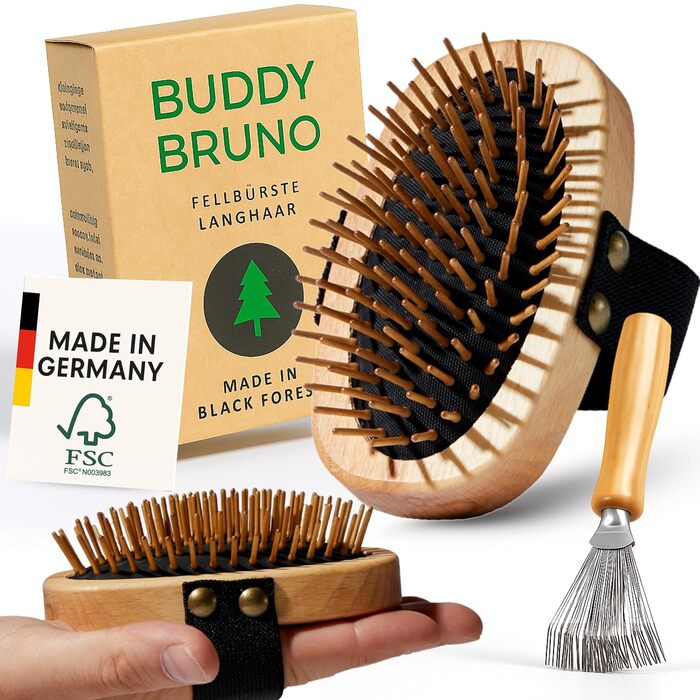 Щітка для собак з довгим волоссям для видалення підшерстка - 100% натуральна щетина, Made in Germany. М'яка щітка для розплутування та вирівнювання шерсті без вискубування - масивний дерев'яний ручка з сертифікацією FSC® + додатковий засіб для чищення щіт