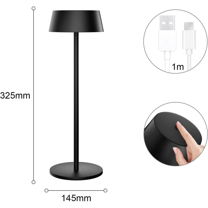 Акумуляторна LED настільна лампа K-Bright з димером, тепле світло 3000K, водонепроникна, для дому та вулиці, USB-C, чорна (2 шт)