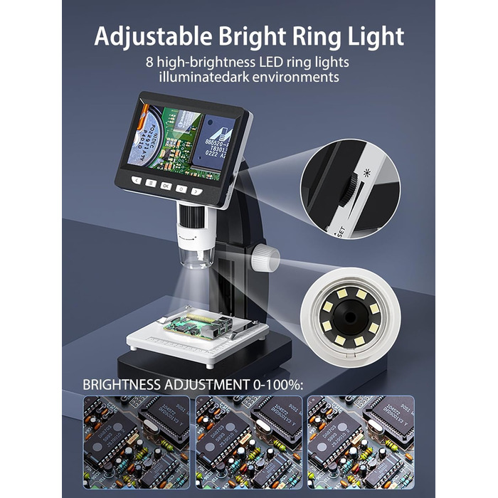 Цифровий мікроскоп AOPICK з LCD екраном, роздільна здатність 50X-500X, 4.3-дюймовий 1080P USB мікроскоп з 8 регульованими LED-лампами, для ПК, дорослих/дітей, сумісний з MacOS Windows (темно-сірий)