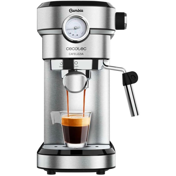 Cecotec Espressomaschine Espresso and Cappuccino Cafelizzia 790 Steel Pro. 1350W, Pressure Gauge, Thermoblock System, 20 Bar Pressure, Automatic Mode for 1-2 coffees, Swivel Steam Wand, 1.2L, Stainless Steel