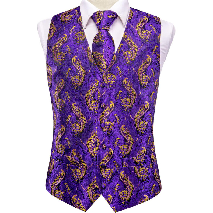 Костюмний жилет з краваткою Hi-Tie для чоловіків. Комплект з краваткою, краваткою-скрепкою та нагрудником. Ідеально для весілля, формальних заходів та смокінгу. Колір: фіолетовий та золотий.