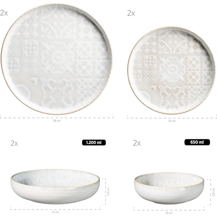 Набір посуду MÄSER Serie Tiles Modernes Vintage для 2 осіб (8 предметів) - кераміка, дизайн Мавританії, скандинавська форма, білий