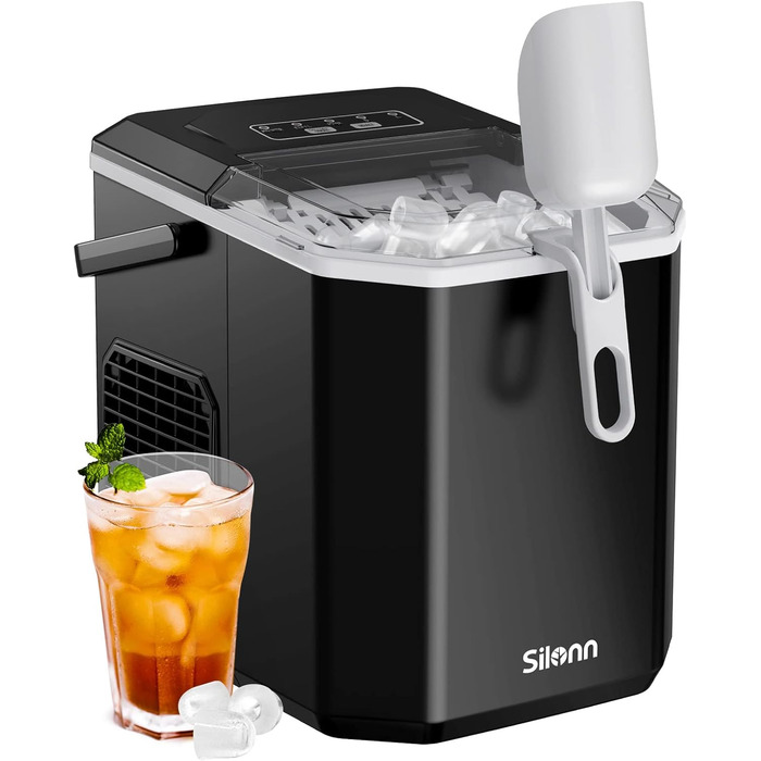 Машина для приготування льоду Silonn з кошиком – портативна та самоочисна, Mini Ice Maker, 9 кубиків/6 хв, 12 кг/день, зручне виймання та використання (Чорний, 1.2 л)