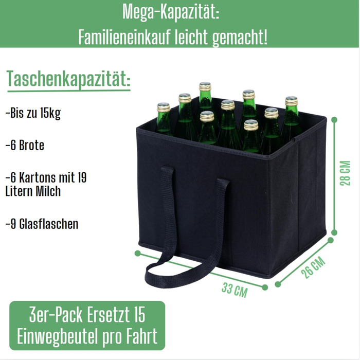 23.5 Liter Large Shopping Bag Foldable, Folding Boxes with Reinforced Bottom, Reusable Shopping Bags, Holds Up To 15 kg Shopping Bag (Black, 3-Pack)