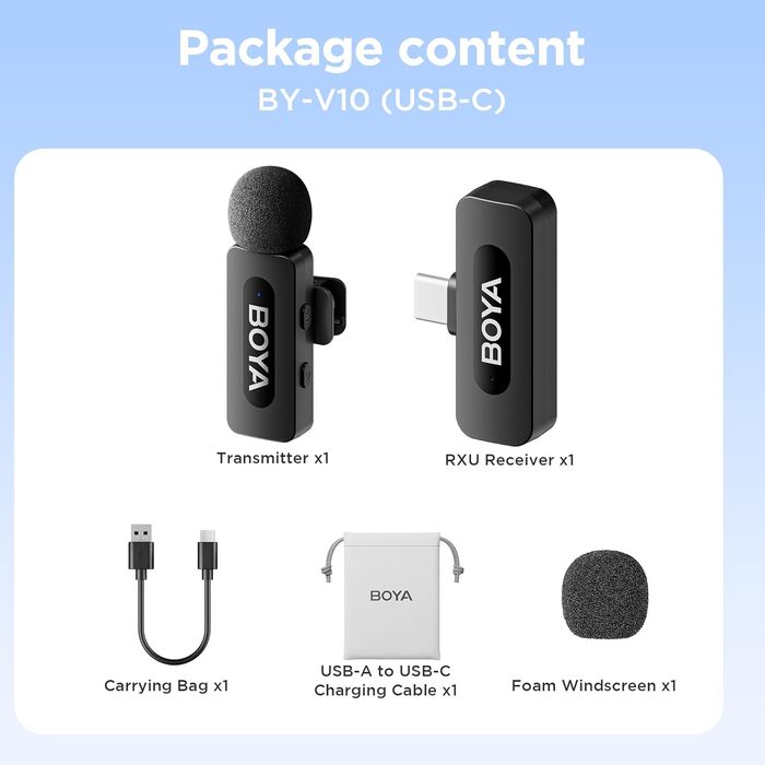 Мікрофон BOYA BY-V10 USB-C: Бездротовий мініатюрний мікрофон з шумозаглушенням для Android, смартфонів, ноутбуків, YouTube, подкастів, Facebook, Vlogging
