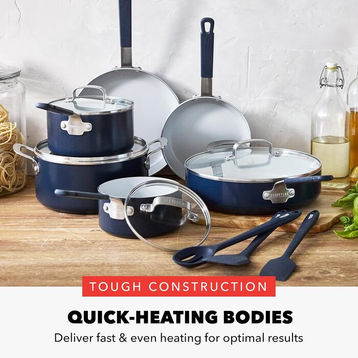 Набір кухонного посуду GreenPan x Bobby Flay 13 предметів: професійне алюмінієве покриття, антипригарне (PFAS-free), індукційні плити, силіконові ручки, безпечне для посудомийної машини та духовки, сірий (Графіт/Nature's Delight), блакитний Оксфорд