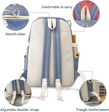 Яскравий рюкзак з милим аксесуаром, 5-ти частинний набір, великий рюкзак у стилі Харадзюку, трендовий рюкзак для школи, коледжу, подорожей, з нашивками, для дівчат, блакитний