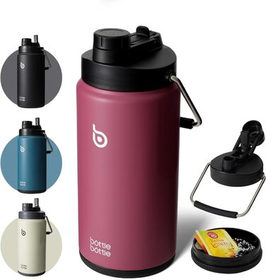 BOTTLE BOTTLE Insulated Stainless Steel Water Bottle 64oz (1.8L) with Straw, Lid, Handle & Pill Compartment – BPA-free, Leak-proof, Ideal Drinking Bottle for Sports, Fitness, Hiking & Outings (Red)