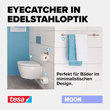 tesa Moon Double Towel Rail, Chrome - Towel Holder with 2 Bars - for Wall Mounting without Drilling, incl. Adhesive Solution - 640mm x 49mm x 115mm