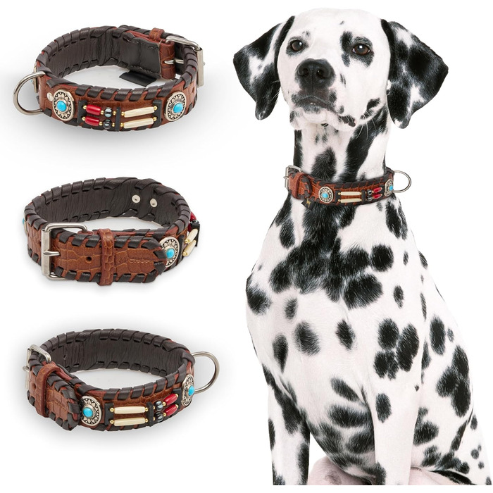 Ошийник для собак MICHUR Carlota, шкіряний, коричневий, з бірюзовими каменями, різні розміри (24-28,5 см)
