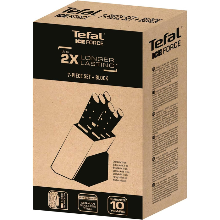 Набір ножів Tefal Ice Force (5 ножів) дерев'яний блок: ніж для хліба 20 см, шеф-ніж, ніж Сантоку 18 см, овочевий ніж 11 см, ніж для нарізки 9 см, нержавіюча сталь, коричнево-чорний, K232S5