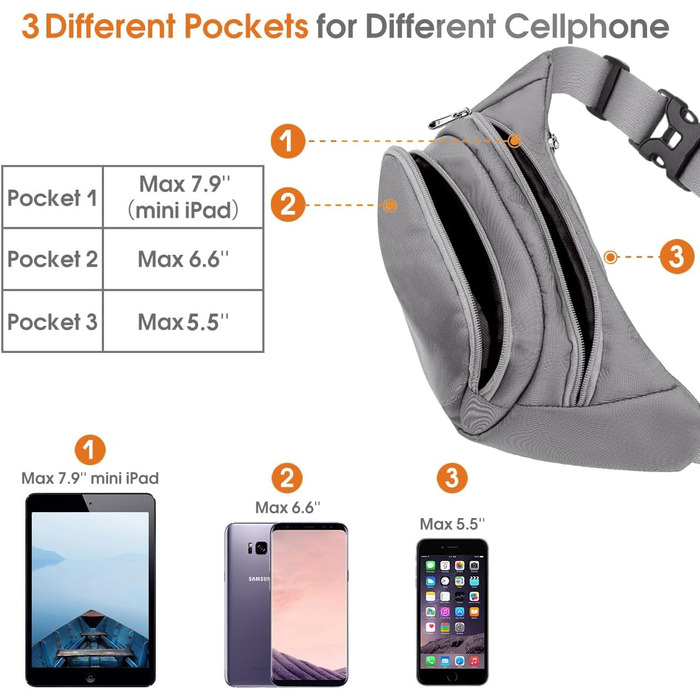 Чоловіча/Жіноча поясна сумка-бананка 4 Taschen, велика місткість, чорна/сіра, для iPad mini/iPhone 12 Pro Max, водонепроникна, з регульованим ремінком