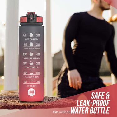 1L Drinking Bottle - BPA-Free Drinking Bottle with Straw and Time Markings - Water Bottle for Bicycle, Outdoor, School, Running, and Gym - Carbonated Drink Bottle Suitable (gray and red)