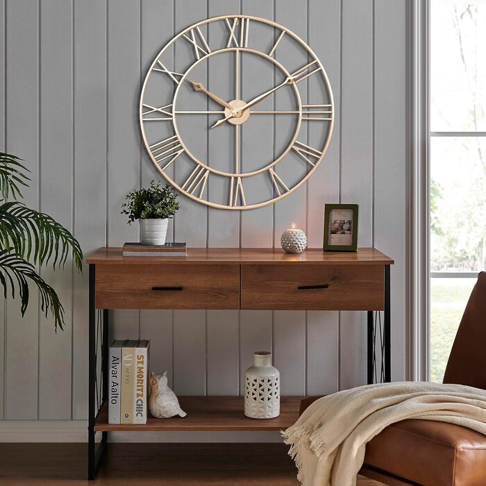 Samilito Large Wall Clock in Vintage Style, Round, Silent. Free with it: ONE extra set of black clock hands. Metal clock for loft, living room, bedroom, and kitchen decoration (76 cm, Gold)