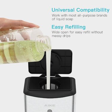 AIKE Automatic Stainless Steel Soap Dispenser - 1100ml Commercial Wall Mounted Soap Dispenser with Window, AK1206 Brushed Stainless Steel