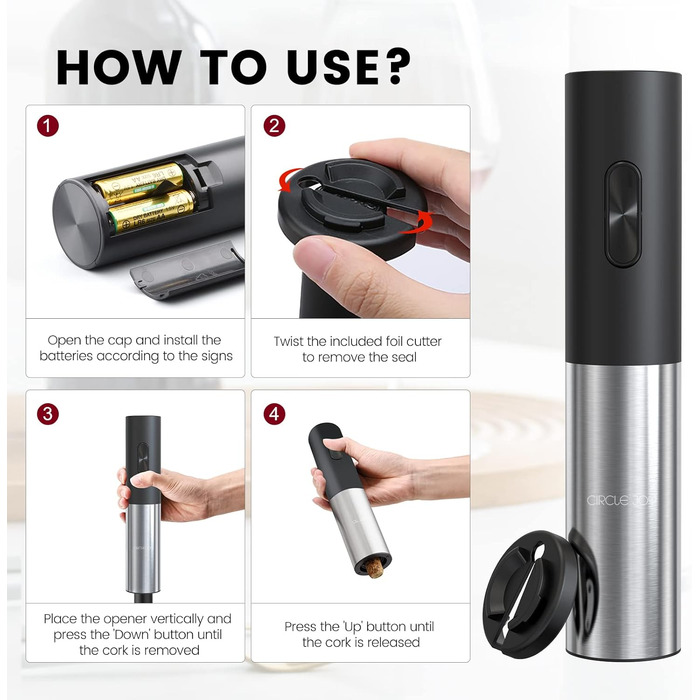 Електричний відкривачка вин CIRCLE JOY - автоматичний штопор з ножем для фольги, нержавіюча сталь