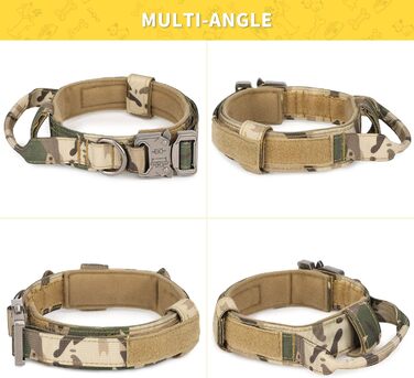 Тактичний нашийник для собак Huntvp, регульований, з ручкою, з нейлону, з підкладкою, металева застібка, для середніх собак, полювання, дресирування, відпочинок, Outdoor, камуфляж L