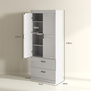 HOMCOM Kitchen Cabinet, Tall Cabinet with Adjustable Shelves, 2 Drawers, Kitchen Buffet for Dining Room, Living Room, 75 x 39 x 178 cm, Cream White | Aosom