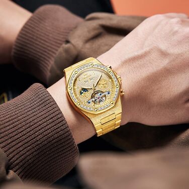 Чоловічий наручний годинник OLEVS G9805 аналоговий, сталевий ремінець, золотий колір, водонепроникний, з календарем та підсвіткою