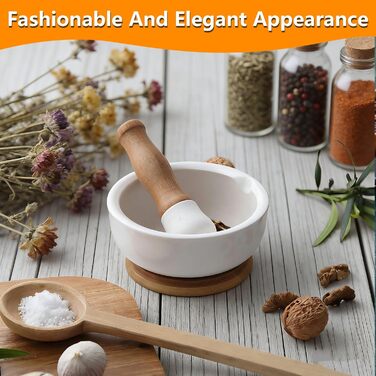 Ступка керамічна з товкачиком на бамбуковій підставці 12 см для спецій та трав - Млинок для перцю, ванілі, морської солі