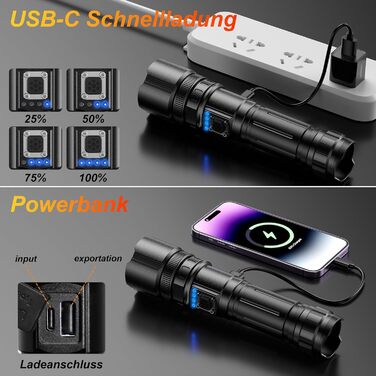 LED ліхтар daphomeu, акумуляторний, 2 шт, 250000 люмен, надяскравий, тактичний, металевий, 5 режимів, зум, індикатор заряду, для кемпінгу, туризму, екстрених ситуацій