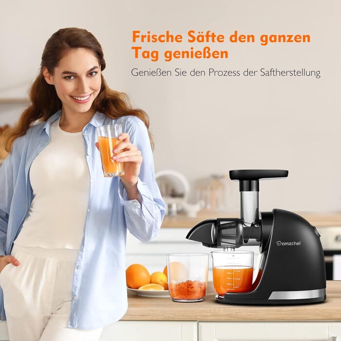 AMZCHEF Juicer for Vegetables and Fruits - Test Winner - Slow Juicer with Reverse-Masticating Function - Gentle Crushing Without Filtering - Electric Juice Press with Brush and 2 Cups - Matte Black