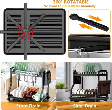 Сушарка для посуду з нержавіючої сталі з двома ярусами, з підставкою для обрізки, тримачем для чашок, столових приборів та зливною чашею. Ідеальна для кухні.
