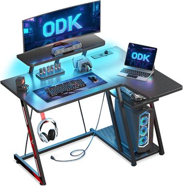 LED Gaming Desk with Power Outlets - L-Shaped PC Gaming Table with Monitor Stand & Storage - Carbon Fiber Black 100cm